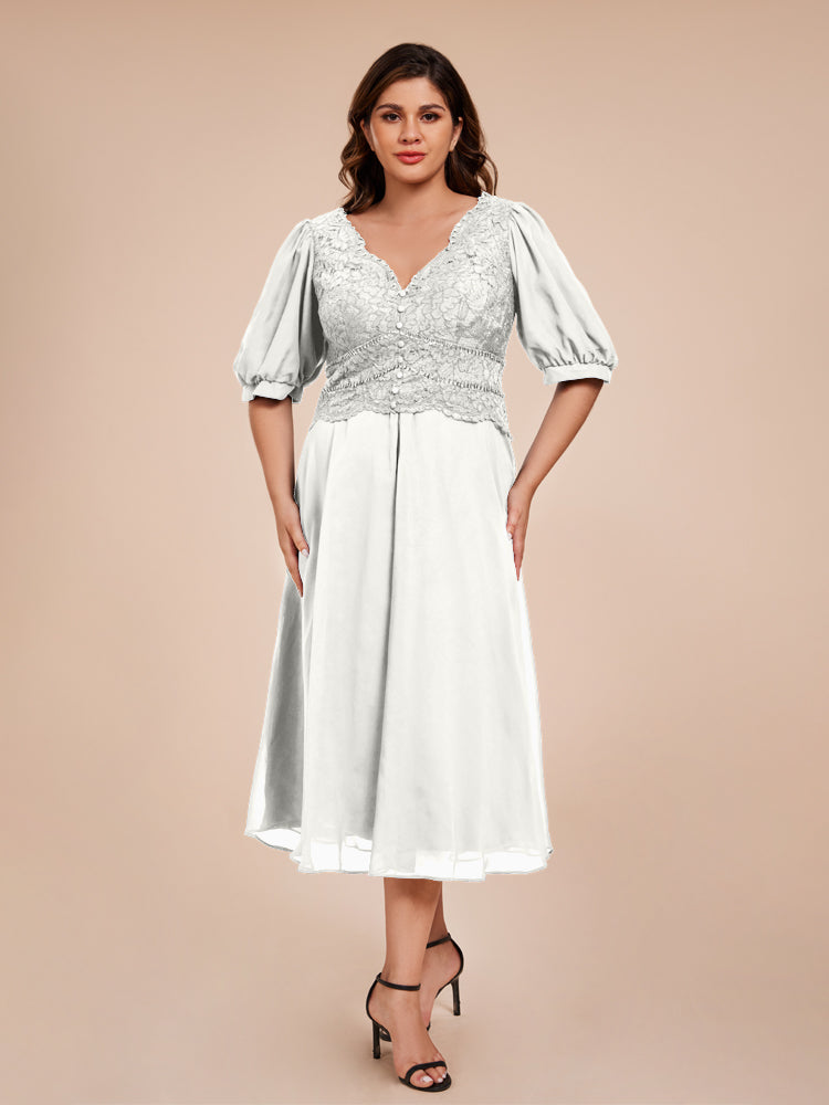 A Line Half Laterne Ärmel V-Ausschnitt Spitze Top Chiffon Mutter der Braut Kleid