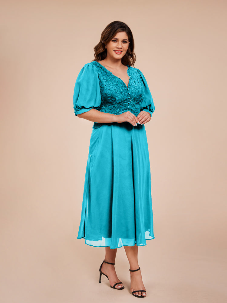 A Line Half Laterne Ärmel V-Ausschnitt Spitze Top Chiffon Mutter der Braut Kleid