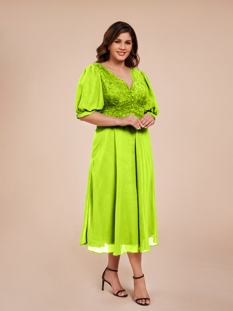 A Line Half Laterne Ärmel V-Ausschnitt Spitze Top Chiffon Mutter der Braut Kleid