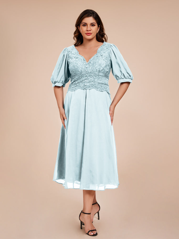 A Line Half Laterne Ärmel V-Ausschnitt Spitze Top Chiffon Mutter der Braut Kleid