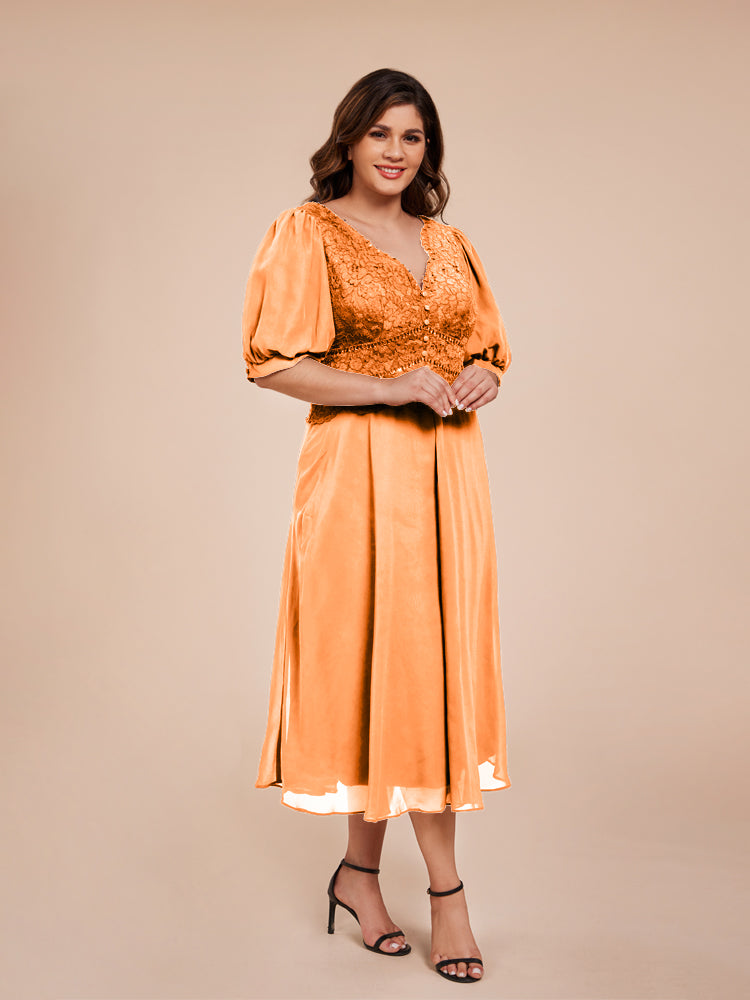 A Line Half Laterne Ärmel V-Ausschnitt Spitze Top Chiffon Mutter der Braut Kleid