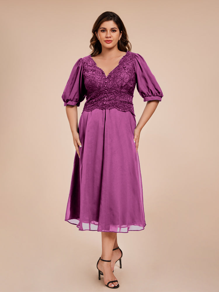 A Line Half Laterne Ärmel V-Ausschnitt Spitze Top Chiffon Mutter der Braut Kleid