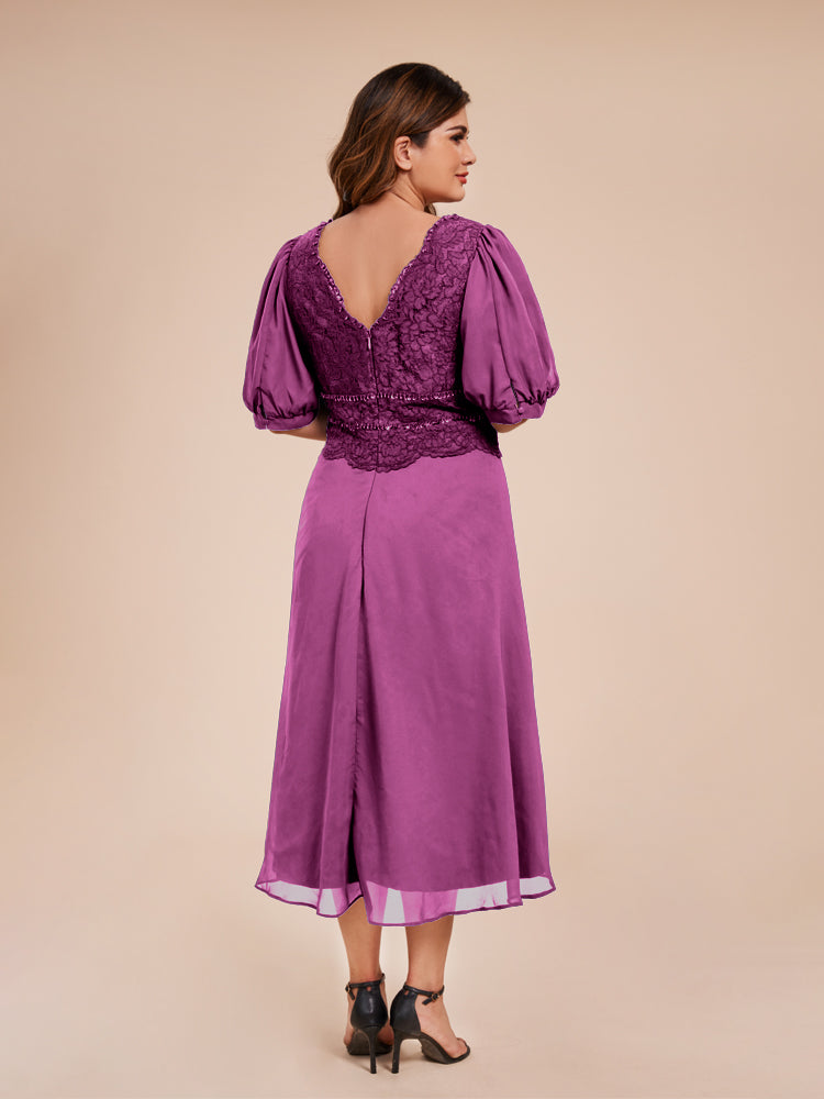 A Line Half Laterne Ärmel V-Ausschnitt Spitze Top Chiffon Mutter der Braut Kleid