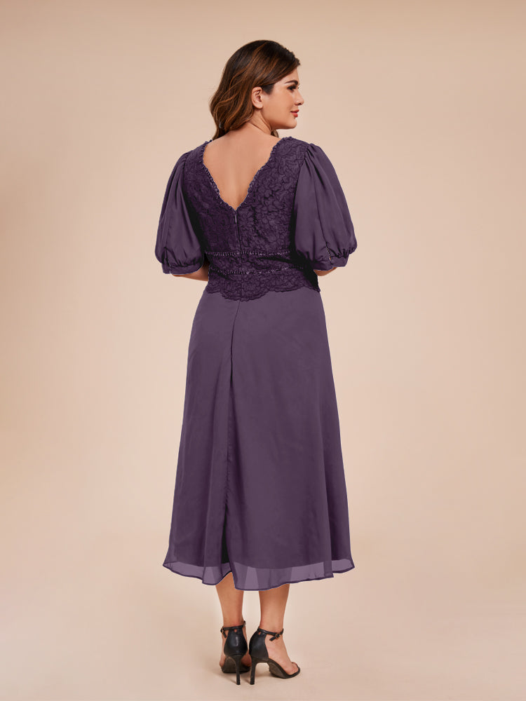 A Line Half Laterne Ärmel V-Ausschnitt Spitze Top Chiffon Mutter der Braut Kleid