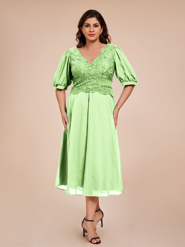 A Line Half Laterne Ärmel V-Ausschnitt Spitze Top Chiffon Mutter der Braut Kleid