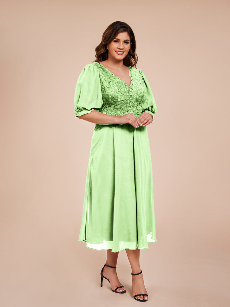 A Line Half Laterne Ärmel V-Ausschnitt Spitze Top Chiffon Mutter der Braut Kleid