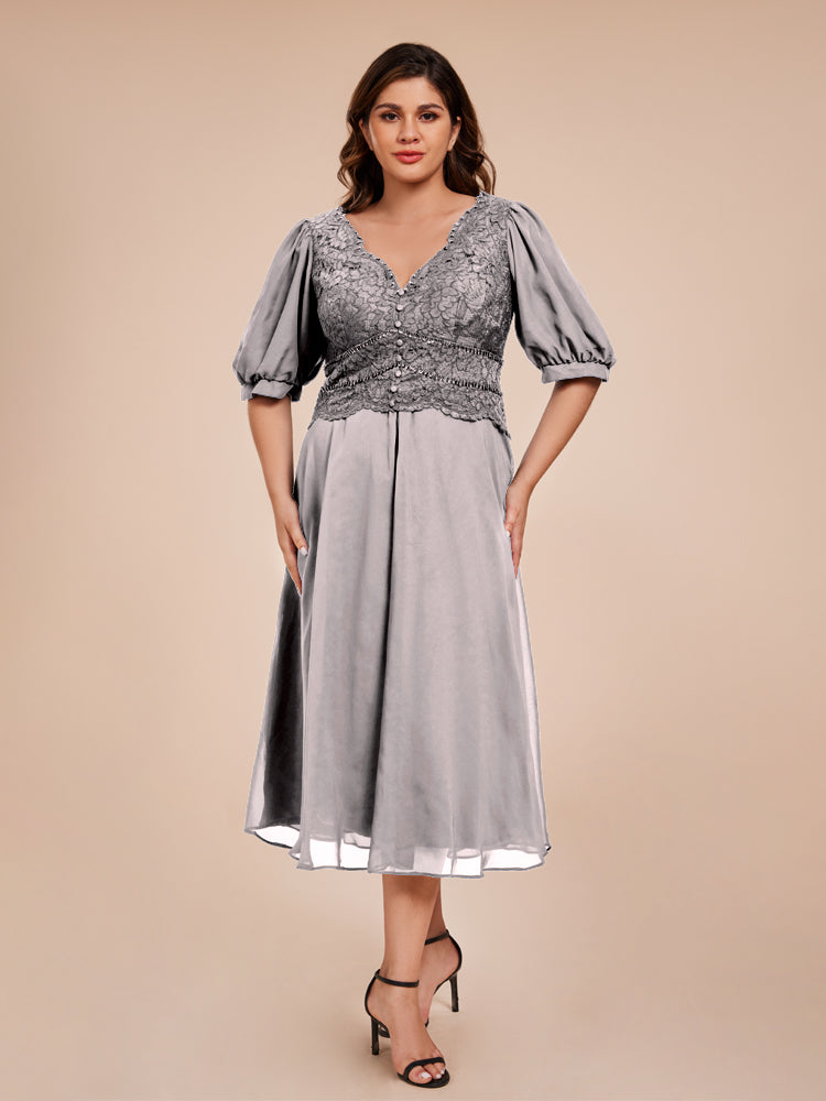 A Line Half Laterne Ärmel V-Ausschnitt Spitze Top Chiffon Mutter der Braut Kleid