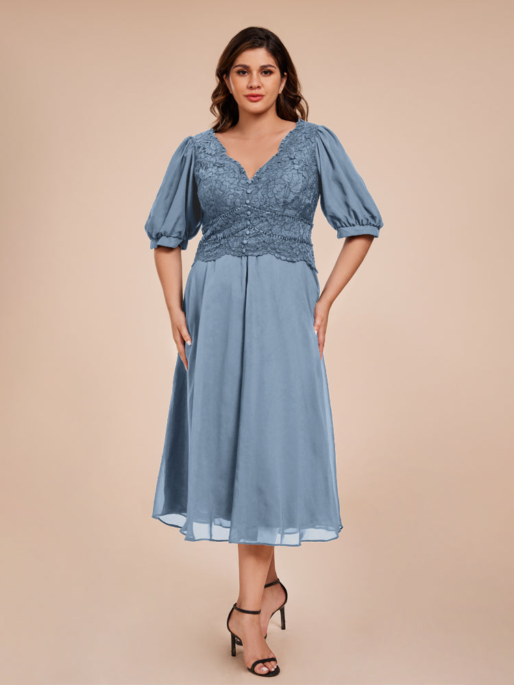 A Line Half Laterne Ärmel V-Ausschnitt Spitze Top Chiffon Mutter der Braut Kleid