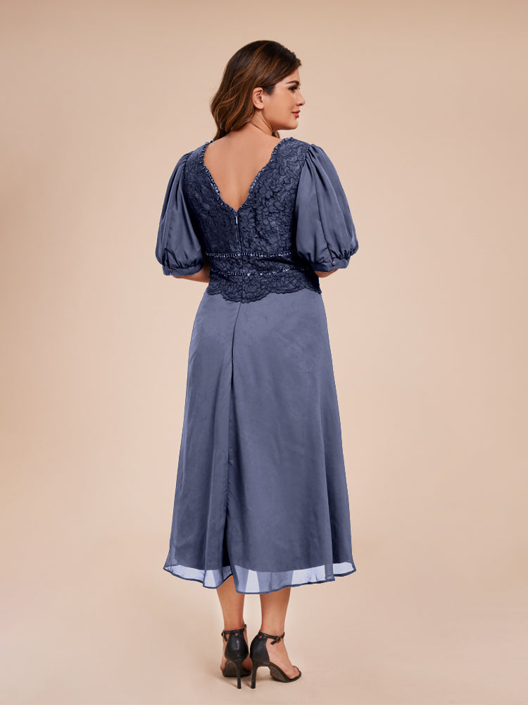 A Line Half Laterne Ärmel V-Ausschnitt Spitze Top Chiffon Mutter der Braut Kleid