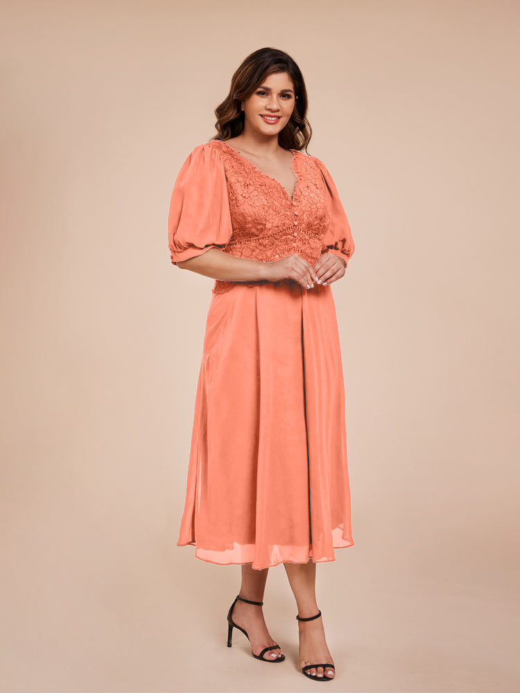 A Line Half Laterne Ärmel V-Ausschnitt Spitze Top Chiffon Mutter der Braut Kleid