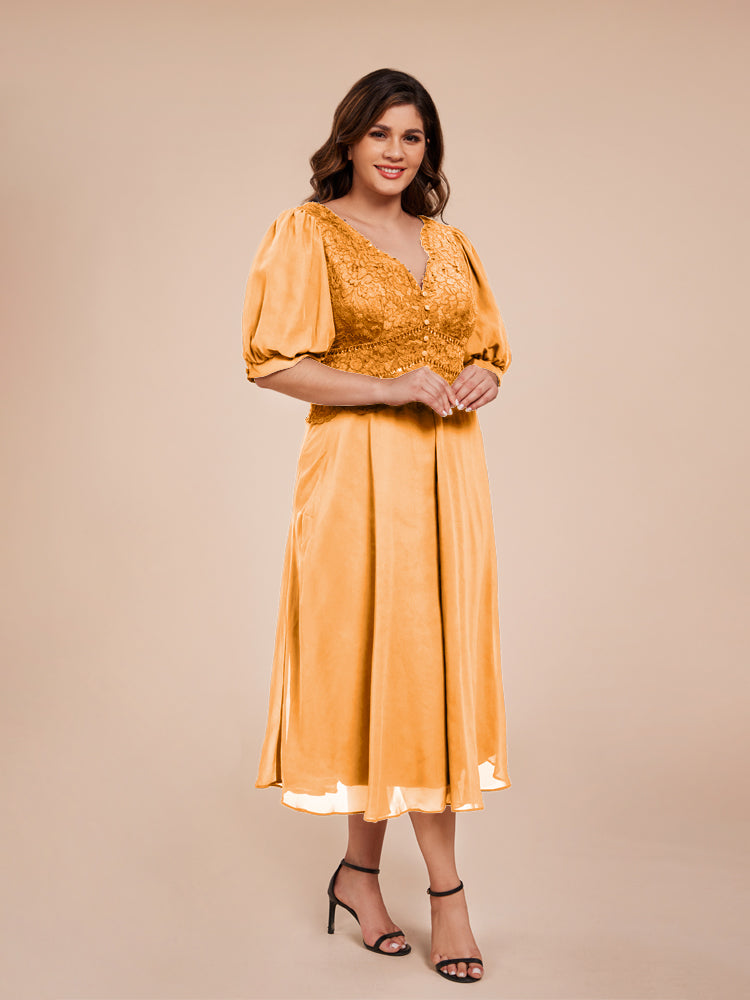 A Line Half Laterne Ärmel V-Ausschnitt Spitze Top Chiffon Mutter der Braut Kleid