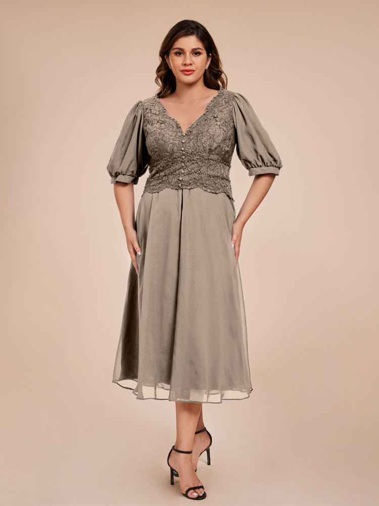 A Line Half Laterne Ärmel V-Ausschnitt Spitze Top Chiffon Mutter der Braut Kleid