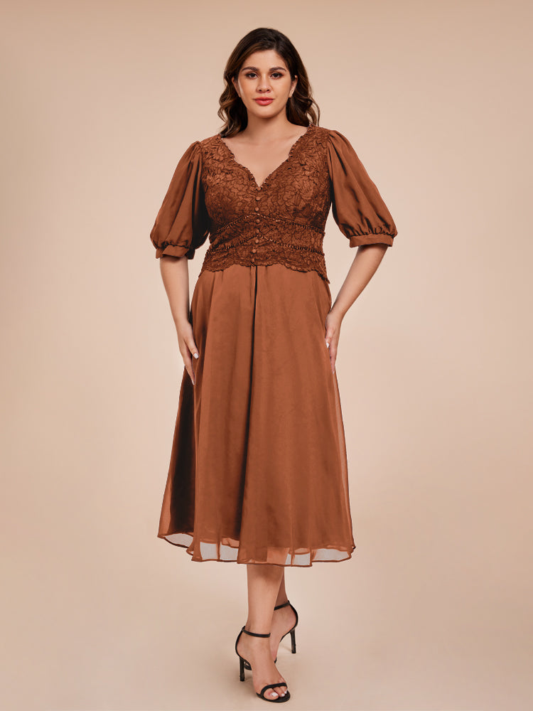 A Line Half Laterne Ärmel V-Ausschnitt Spitze Top Chiffon Mutter der Braut Kleid