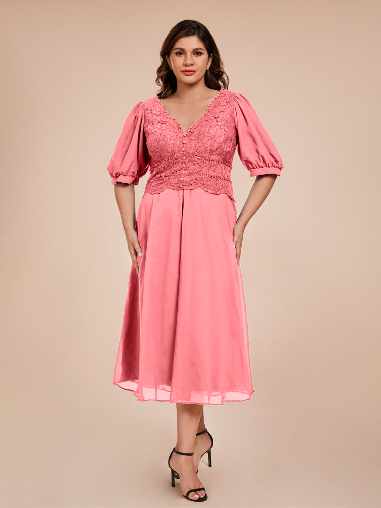 A Line Half Laterne Ärmel V-Ausschnitt Spitze Top Chiffon Mutter der Braut Kleid