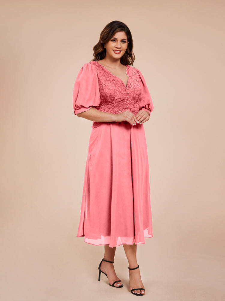 A Line Half Laterne Ärmel V-Ausschnitt Spitze Top Chiffon Mutter der Braut Kleid