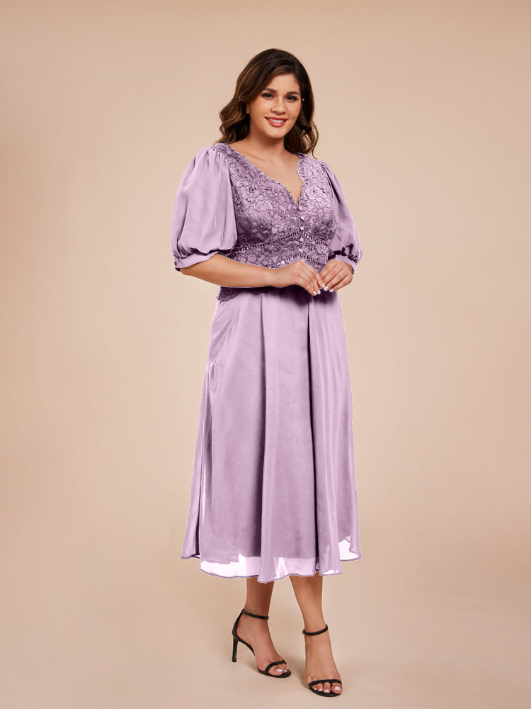 A Line Half Laterne Ärmel V-Ausschnitt Spitze Top Chiffon Mutter der Braut Kleid