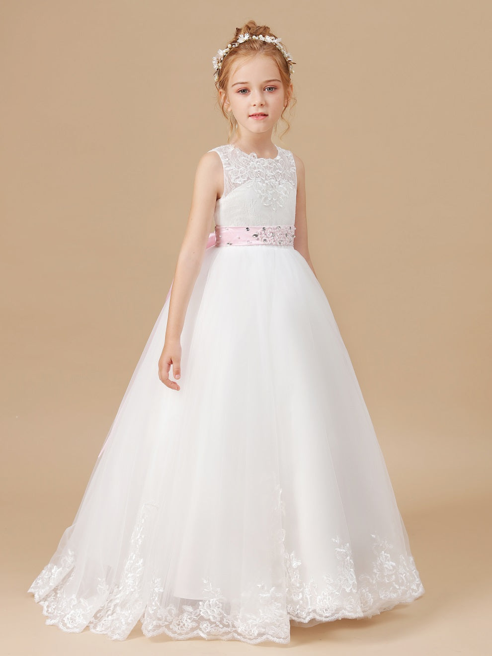 Chic Spitze Applikationen Perlen Gürtel Blumenmädchen Kleid