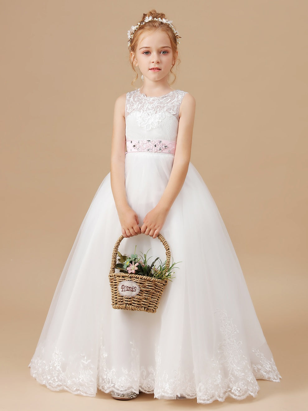 Chic Spitze Applikationen Perlen Gürtel Blumenmädchen Kleid
