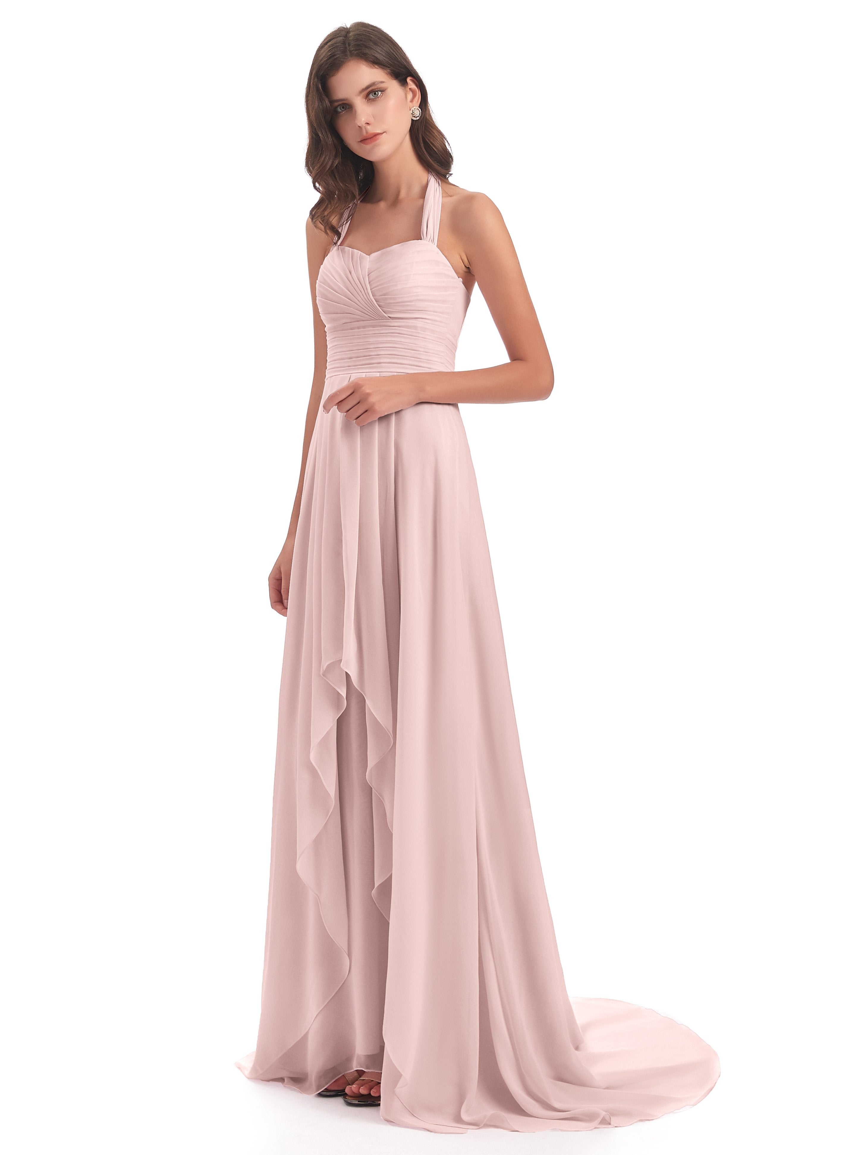 Ensley Asymmetrische High-Low Nackenträger Lange Chiffon Brautjungfernkleider