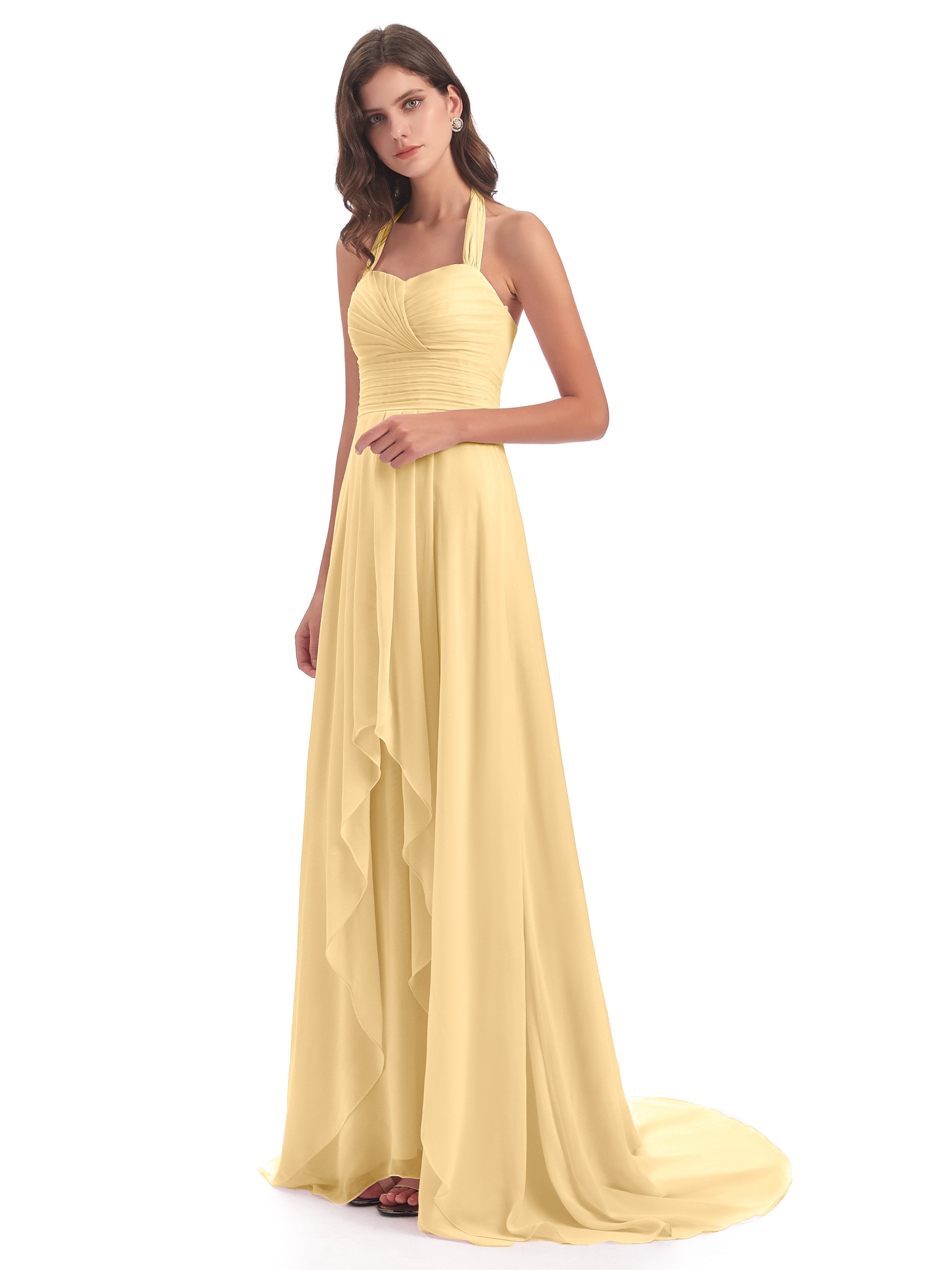 Ensley Asymmetrische High-Low Nackenträger Lange Chiffon Brautjungfernkleider