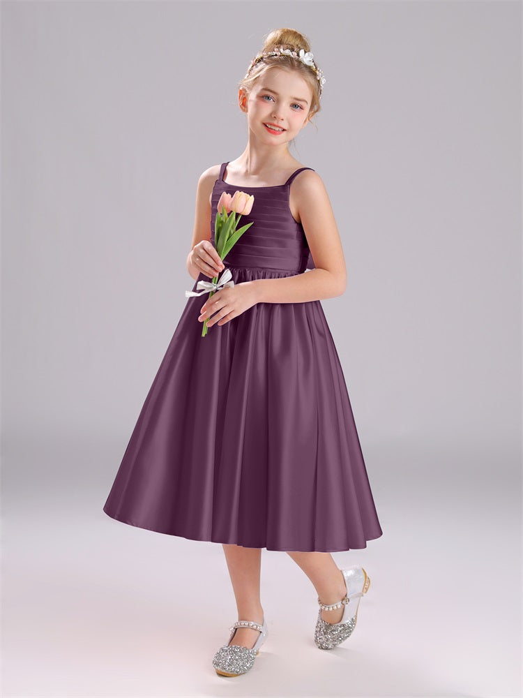 A-Linie Tee Länge Spaghetti Riemen Bowknot Satin Blumenmädchen Kleid