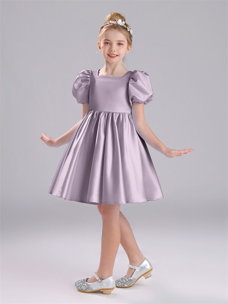 Viereckiger Ausschnitt Satin Ärmel Kurz Kleid für Mädchen