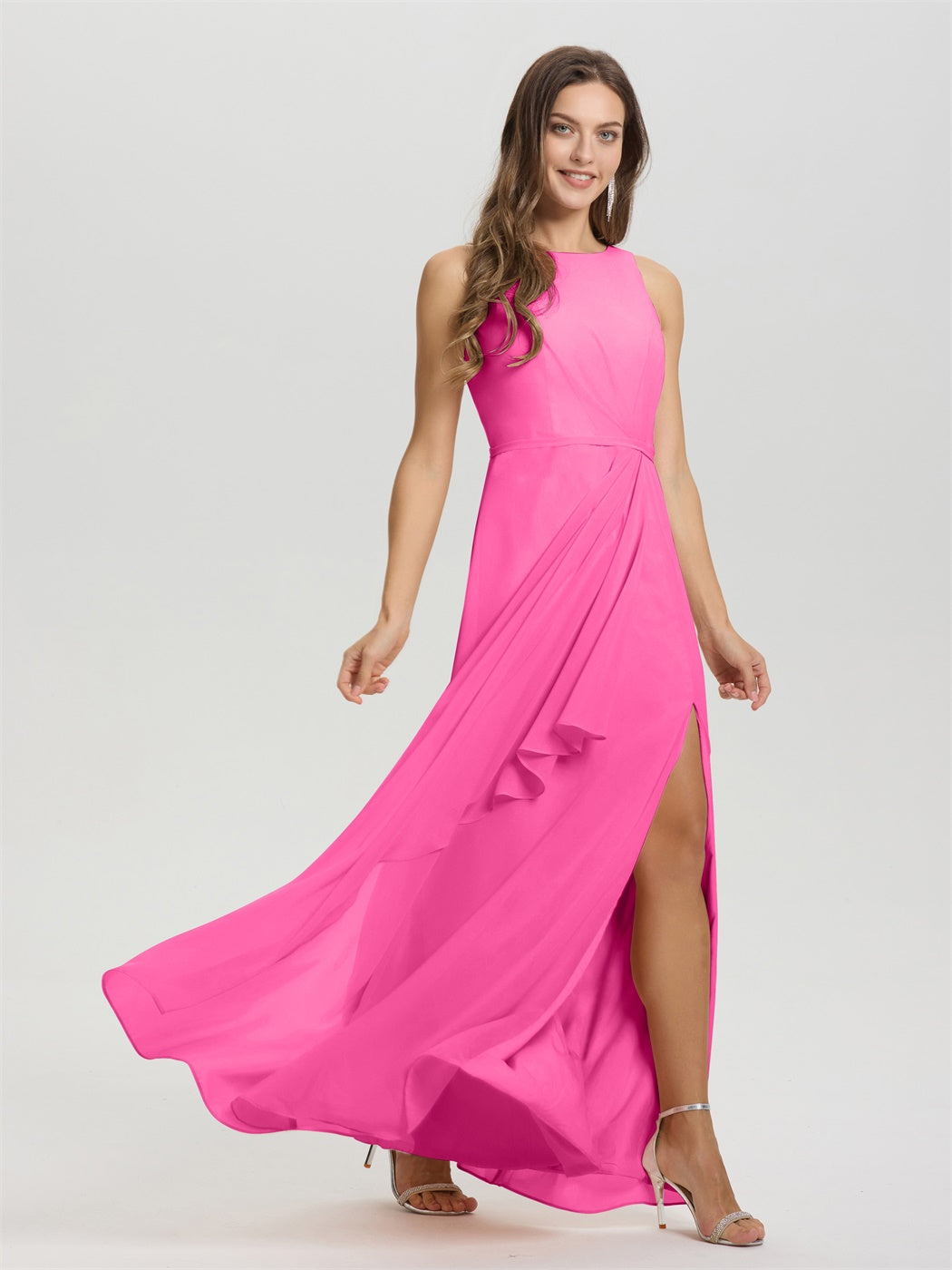 Boot Hals ärmellos Rüschen Schlüsselloch zurück Chiffon Brautjungfer Kleid