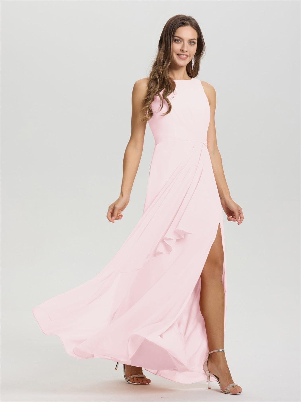 Boot Hals ärmellos Rüschen Schlüsselloch zurück Chiffon Brautjungfer Kleid