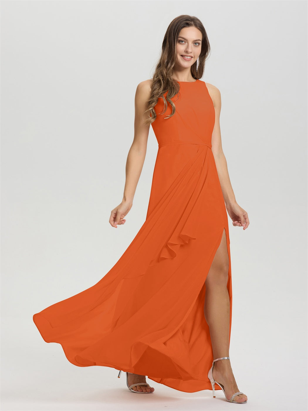 Boot Hals ärmellos Rüschen Schlüsselloch zurück Chiffon Brautjungfer Kleid