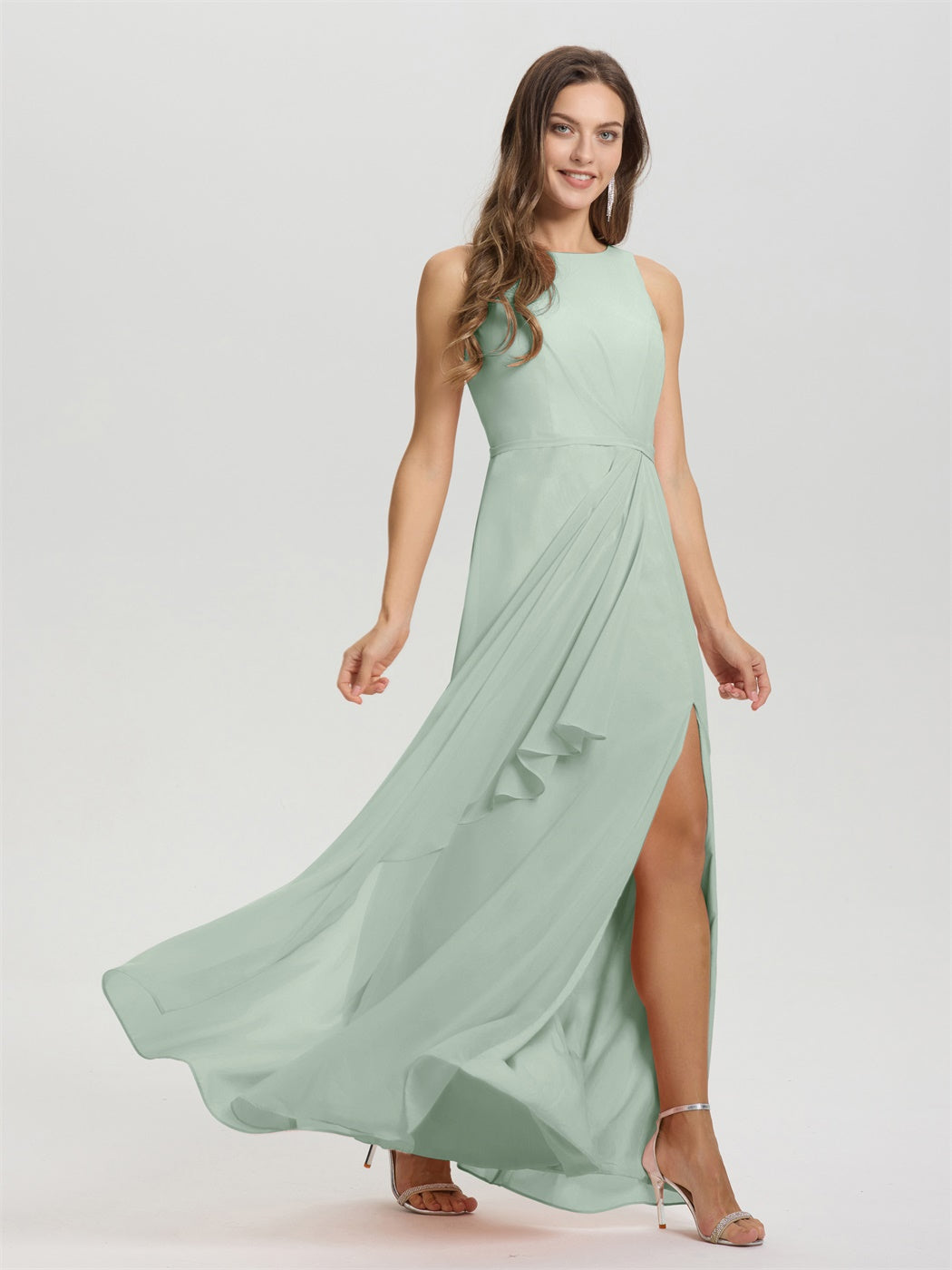 Boot Hals ärmellos Rüschen Schlüsselloch zurück Chiffon Brautjungfer Kleid