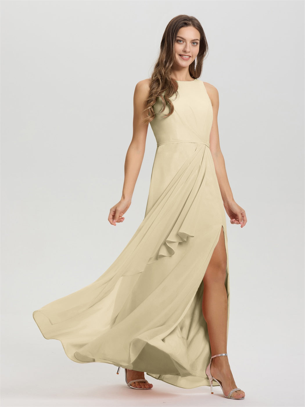 Boot Hals ärmellos Rüschen Schlüsselloch zurück Chiffon Brautjungfer Kleid