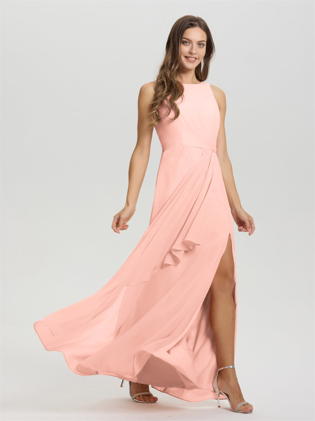 Boot Hals ärmellos Rüschen Schlüsselloch zurück Chiffon Brautjungfer Kleid