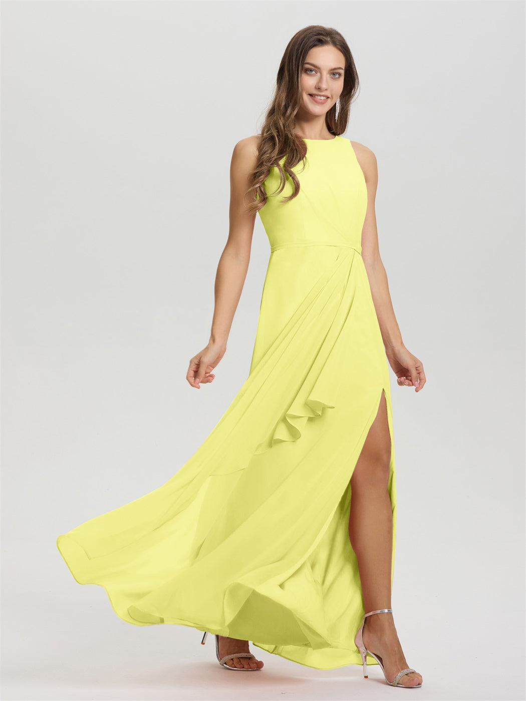 Boot Hals ärmellos Rüschen Schlüsselloch zurück Chiffon Brautjungfer Kleid