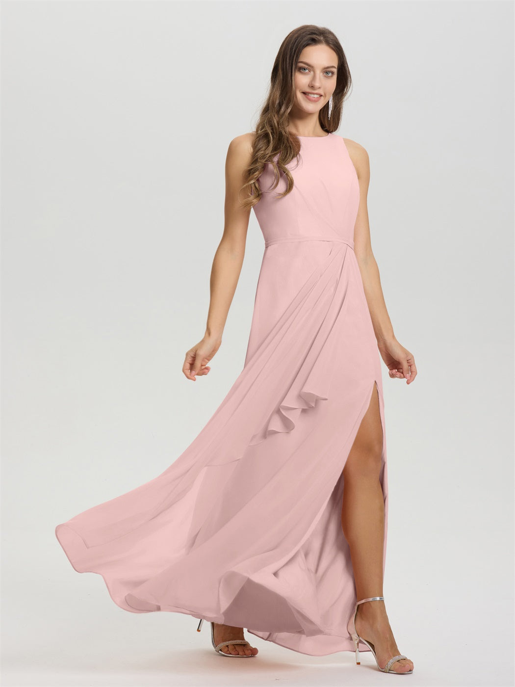 Boot Hals ärmellos Rüschen Schlüsselloch zurück Chiffon Brautjungfer Kleid