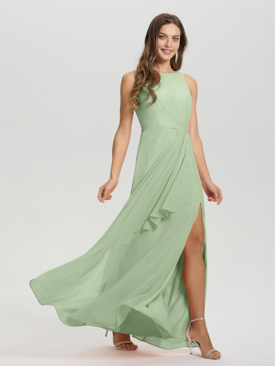 Boot Hals ärmellos Rüschen Schlüsselloch zurück Chiffon Brautjungfer Kleid