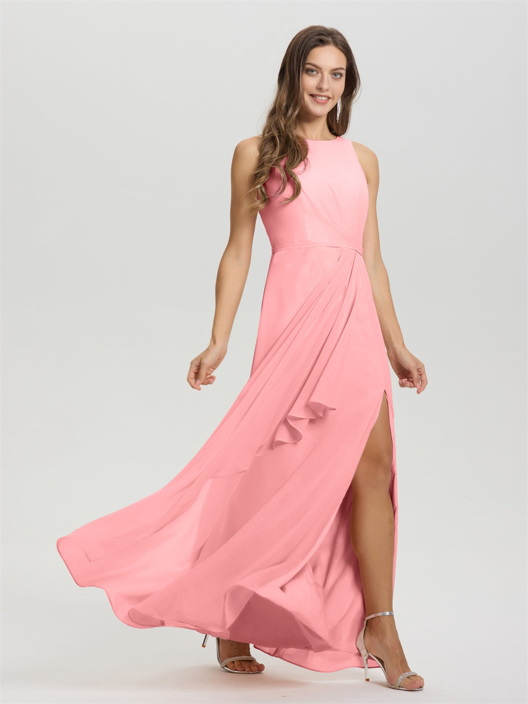 Boot Hals ärmellos Rüschen Schlüsselloch zurück Chiffon Brautjungfer Kleid