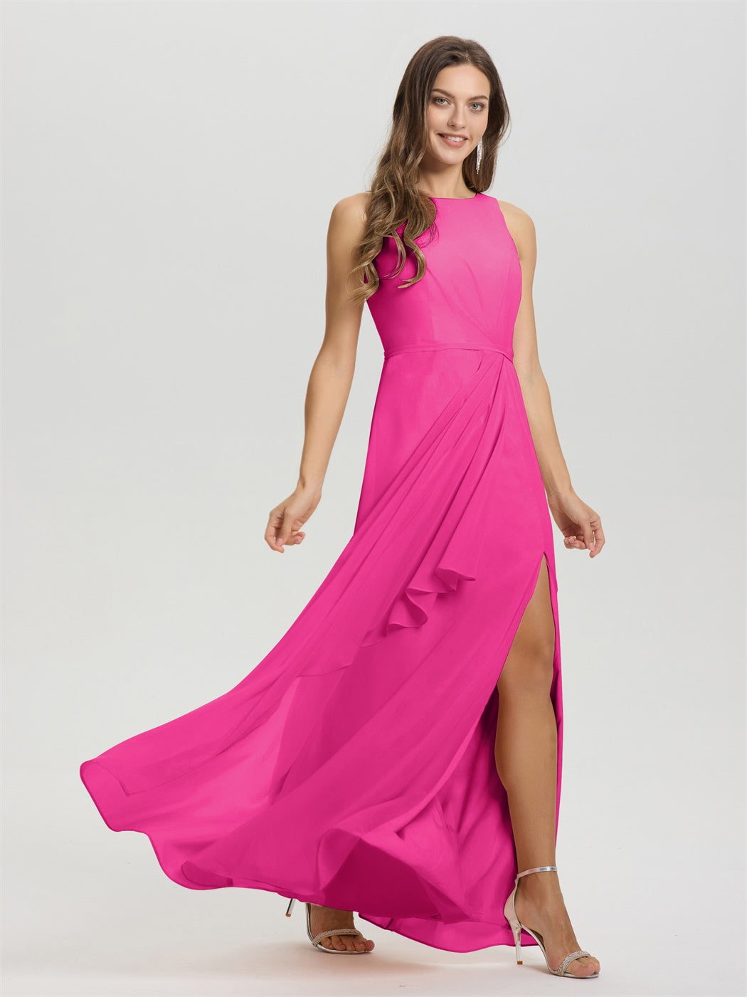 Boot Hals ärmellos Rüschen Schlüsselloch zurück Chiffon Brautjungfer Kleid