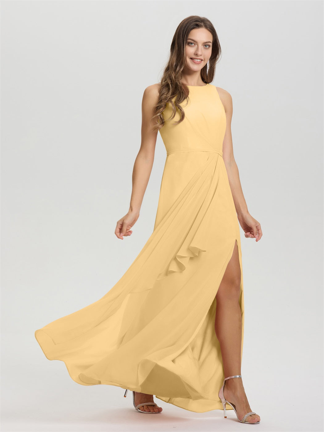 Boot Hals ärmellos Rüschen Schlüsselloch zurück Chiffon Brautjungfer Kleid