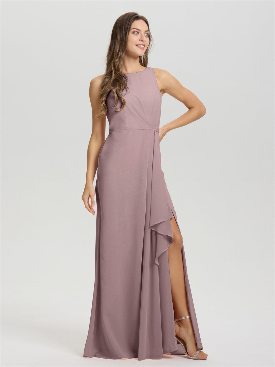 Boot Hals ärmellos Rüschen Schlüsselloch zurück Chiffon Brautjungfer Kleid