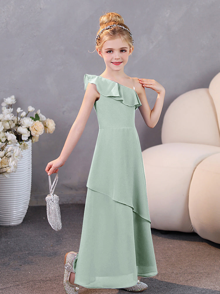 Ein-Schulter-Rüschen Chiffon Junior Brautjungfernkleider