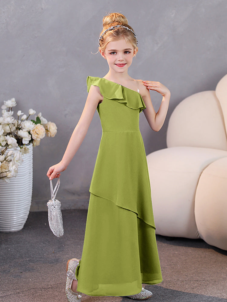 Ein-Schulter-Rüschen Chiffon Junior Brautjungfernkleider