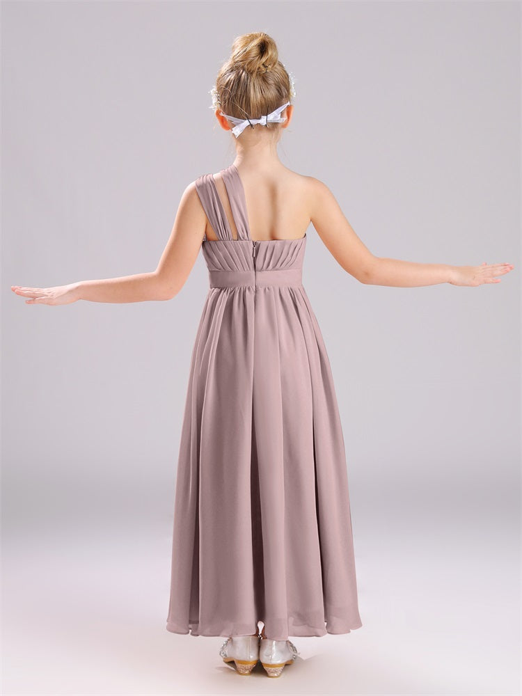 Ein-Schulter-Falten Lange Chiffon Junior Brautjungfernkleider