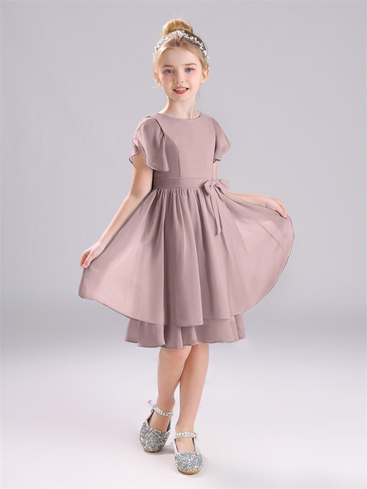 Juwel A-Linie Ärmel knielang Chiffon Junior Brautjungfernkleider