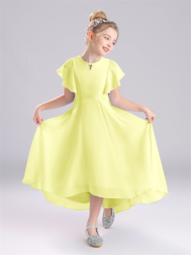 Rüschen Ärmel A-Linie Lang Chiffon Junior Brautjungfernkleider