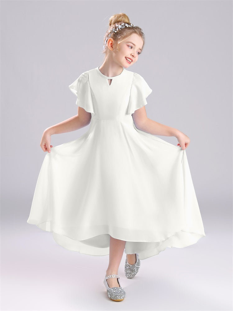 Rüschen Ärmel A-Linie Lang Chiffon Junior Brautjungfernkleider