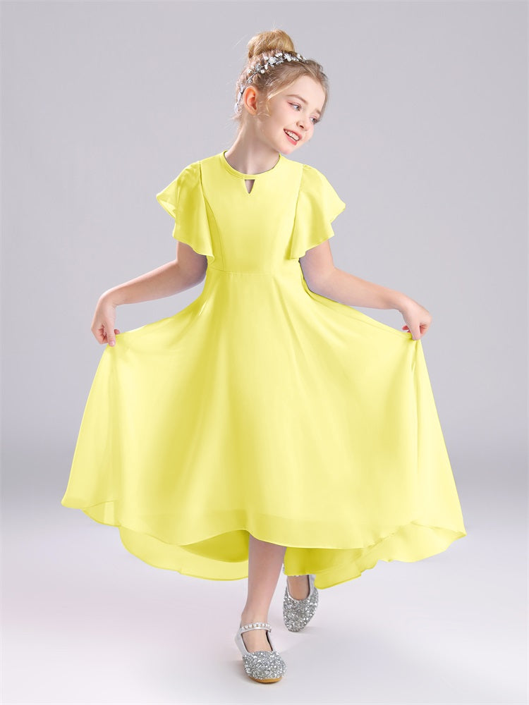 Rüschen Ärmel A-Linie Lang Chiffon Junior Brautjungfernkleider