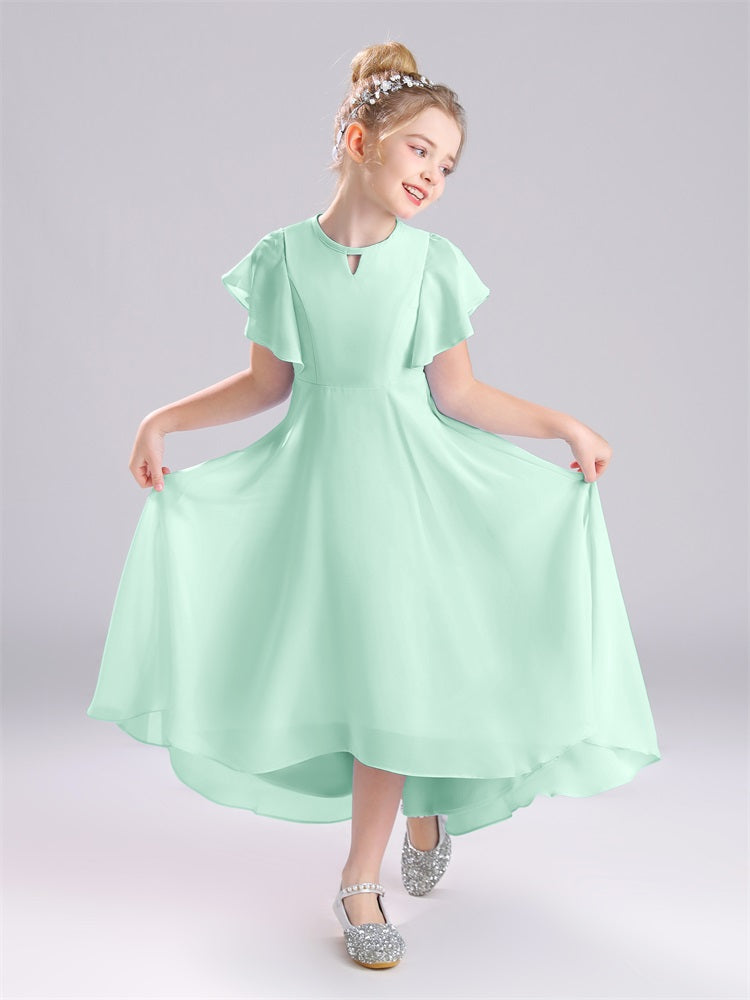 Rüschen Ärmel A-Linie Lang Chiffon Junior Brautjungfernkleider