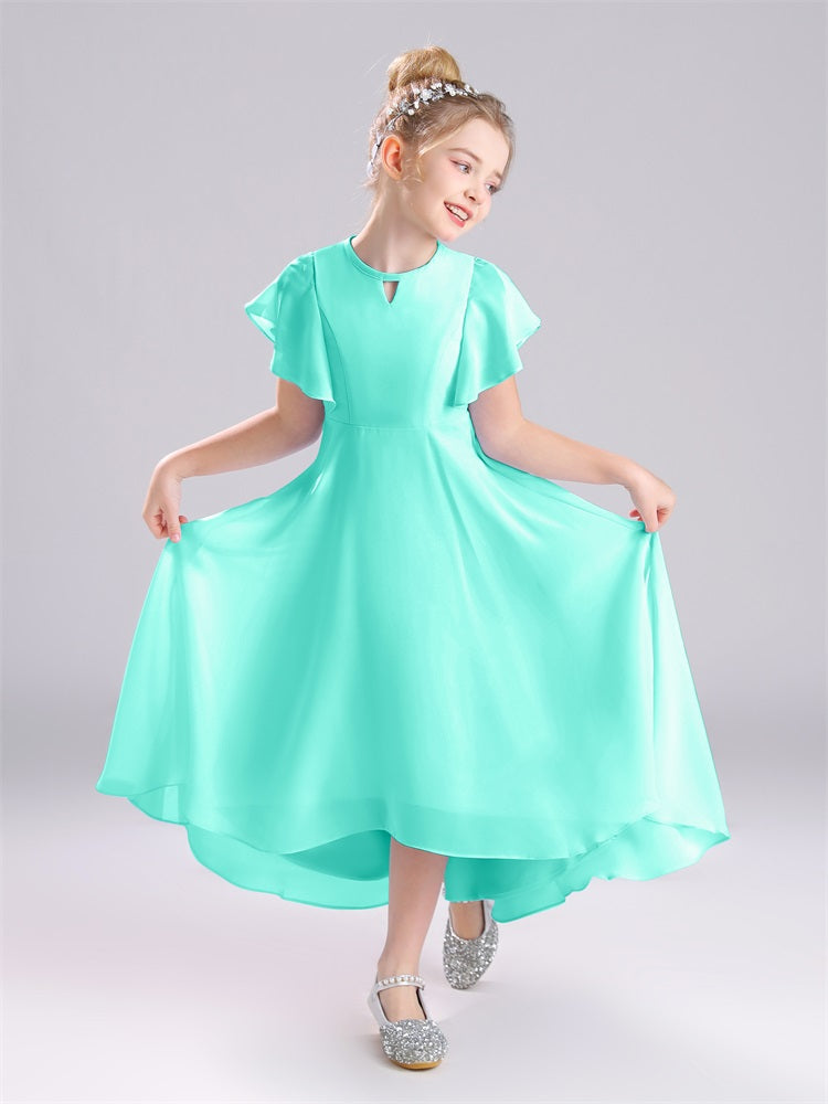 Rüschen Ärmel A-Linie Lang Chiffon Junior Brautjungfernkleider