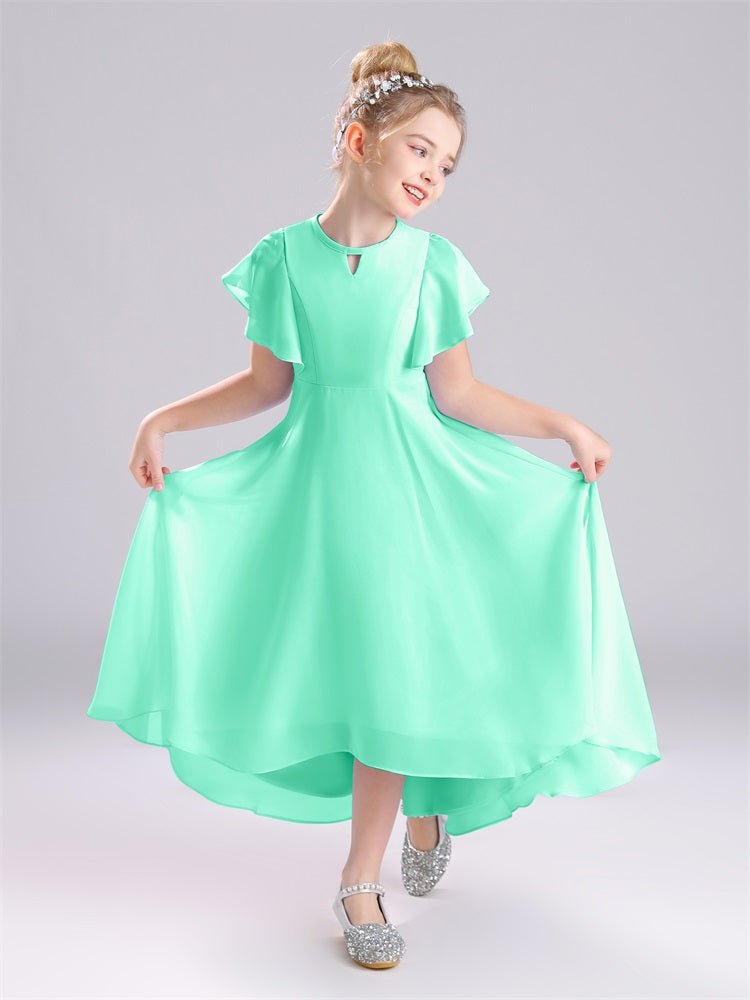 Rüschen Ärmel A-Linie Lang Chiffon Junior Brautjungfernkleider