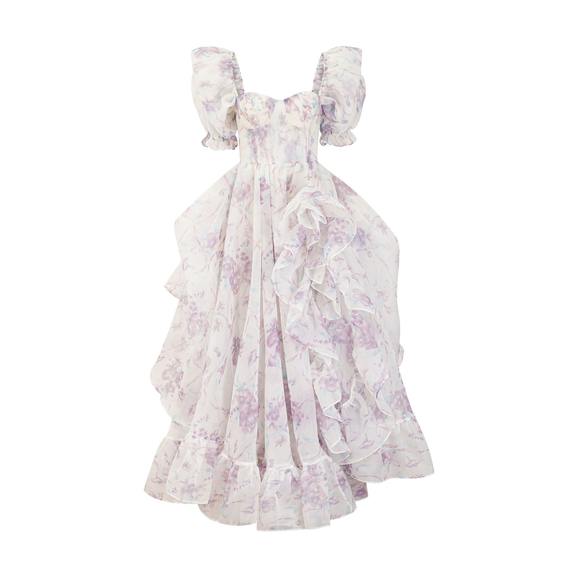 Lila Fairytale Kurze Puffärmel Floral Bedruckt Rüschen Split Hochzeit Gastkleider